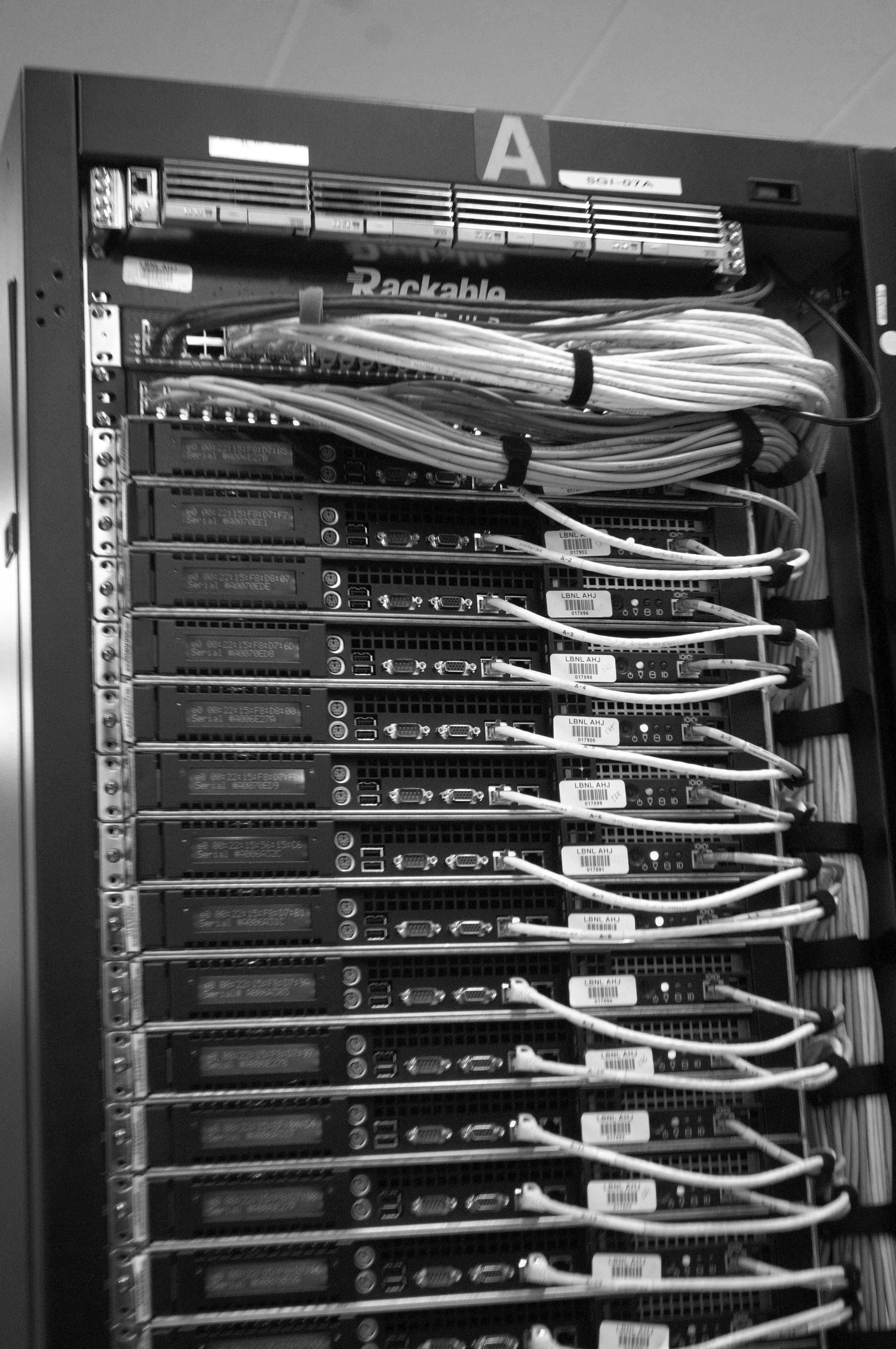 Cables bundled at the rear of a server rack