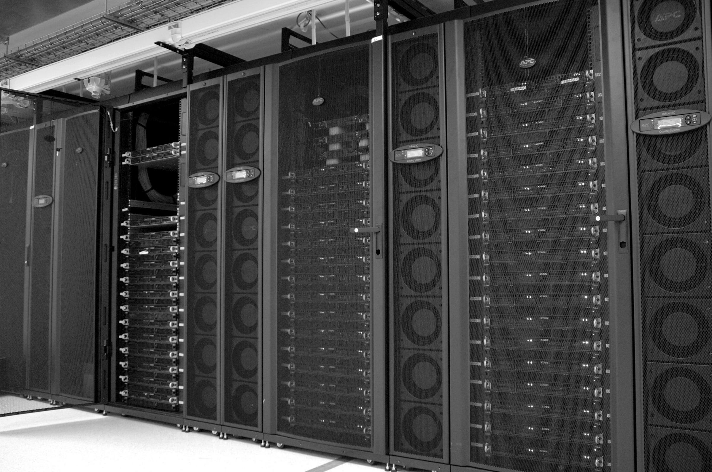 Racks of a GPU cluster in a data centre