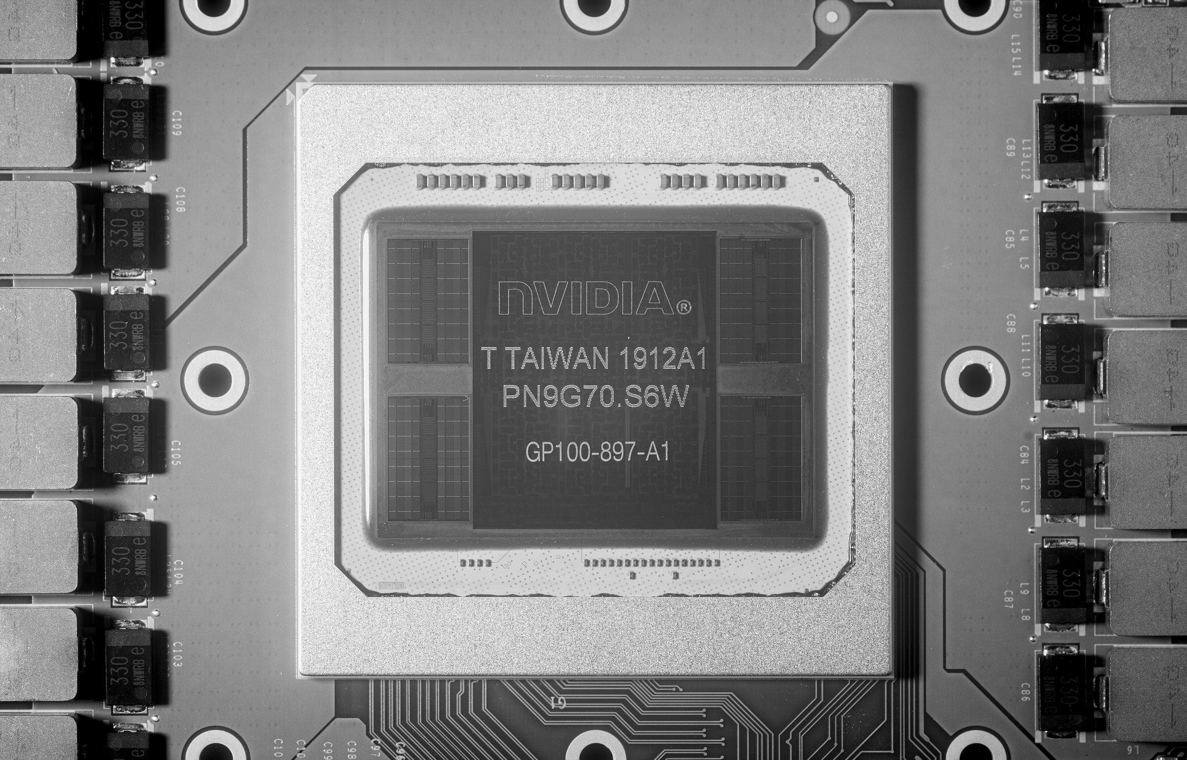 A data-centre GPU chip, close up